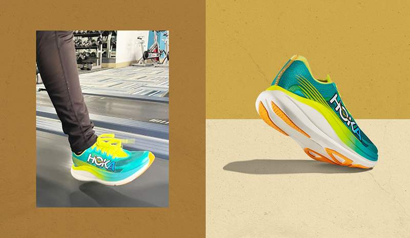 Hoka Rocket Running Sneaker mendorong Anda ke depan sambil menawarkan stabilitas dan bantalan dunia lain