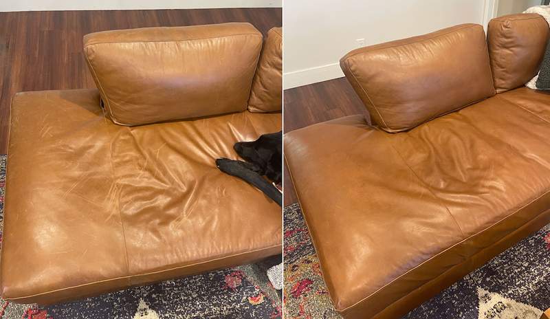 Ich bin wirklich schockiert darüber, wie gut dieser 30 -Dollar -Leder -Rekolorieren von Balsam 2 Jahre Hundekratzer auf meiner Couch versteckt